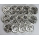USA. silver one ounce rounds (14) all Commemorating the Walking Liberty Half-Dollar. Unc/BU in