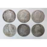 GB Shillings (6) early milled: 1709 aF, 1711 4th bust Fine, 1758 GVF, 1787 w hearts F/GF, 1787 w/o