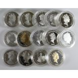 World Crown-size silver proof issues (14), a good mixture. aFDC/FDC in hard plastic capsules