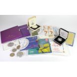 GB Unc Sets, presentation packs, cased coins and a few loose commemoratives; a small box full