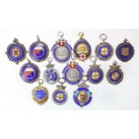 Silver Fobs (13 plus one gilt bronze), enamelled sports.