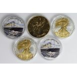 USA Walking Liberty Dollars (5) Various dates, two with RMS Titanic stickers, two with painted