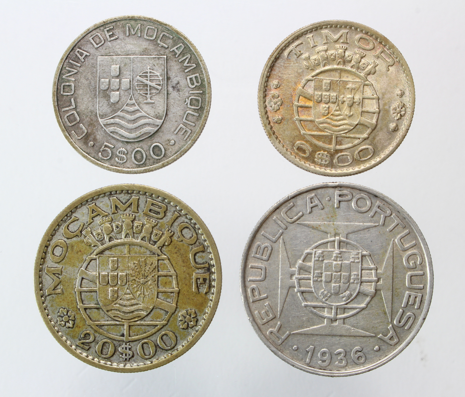 Portuguese Colonial silver (4): Mozambique: 5$00 1935 VF, 10$00 1936 nEF, and 20$00 1960 laquered