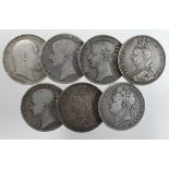 GB Crowns (7) 1821 nF, 1844x2 VG, 1845 Fine but engraved obverse, 1887x2 GF & 1902 Fine