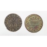 Tokens, 17thC (2) Cambridgeshire: Soham, Nathaniell Stearne 1/4d 1667 #173 nF, and Thomas Trowell