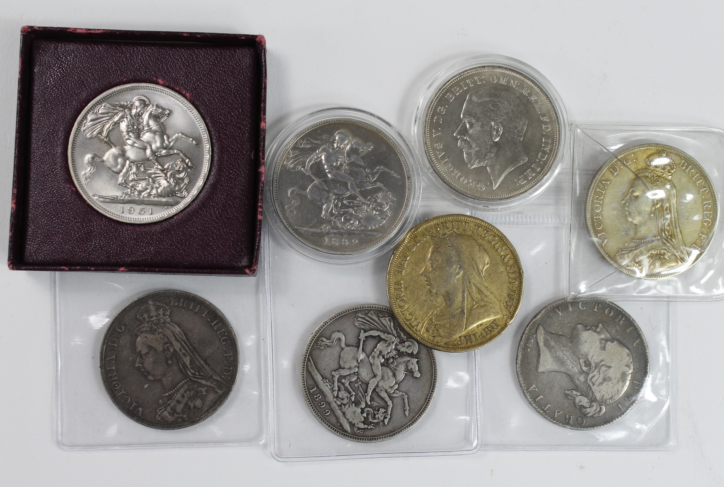 GB Crowns (8) 1845, 1889x2 , 1892, 1893 LVI, 1899 LXIII, 1935 & 1951. Mixed grades with a couple