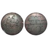 Engraved Coin: Druid head copper Penny token smoothed and engraved with image of a ship / and