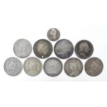 GB Crowns (9) 1820 to 1893 Fair to VF (1821 is holed), plus a Shilling 1735 roses & plumes nF
