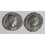 Roman Imperial (2) AR Denarii of Elagabalus (218-222 AD): Rome mint, sacrificing over altar right,