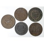 Tokens, 19thC (5) copper Pennies: Birmingham 1812, Nottingham 1813, Cheadle 1812, Staffs 1811 and
