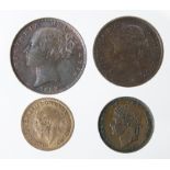 Farthings etc (4): Farthings: 1853 toned EF, 1863 (scarce date) GF; Third Farthings: 1827 VF light