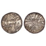 Aethelred II, Helmet type silver Penny, Lewes Mint, moneyer Merewine. Obverse: +AE?ELRED (AE ligate)