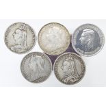 GB Crowns (5): 1889 aF a few edge knocks, 1890 Fine, 1897 LX VF, 1898 LXII Fine, and 1951 EF with
