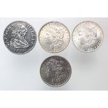 USA Morgan Silver Dollars (3): 1883O UNC, 1885 EF, and 1890 GVF, plus a modern forgery of a Spain