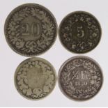 Switzerland (4): 5 Rappen 1851BB Fair, 1872B VF, 20 Rappen 1851BB nF, and 1/2 Franc 1850A nVF