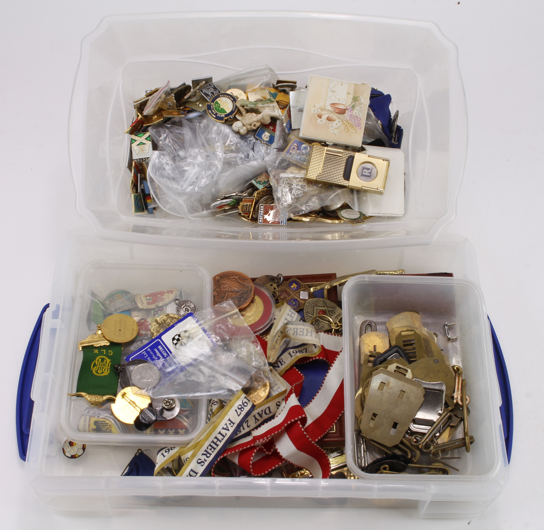 Medals, badges and misc. other items in two plastic tubs (collection recommended)