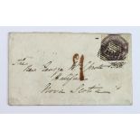 GB - 1855 cover, Dumfries to Nova Scotia. A rectangular horizontal bar 108 cancel of Scotland on a