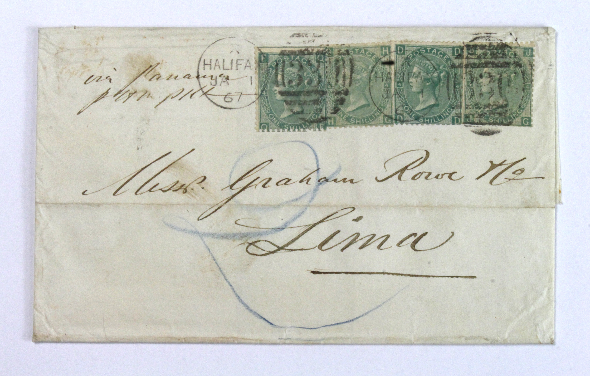 GB - Cover 1867 - Halifax to Lima (South America). Halifax duplex cancelling x4 1s green (SG101)