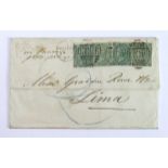 GB - Cover 1867 - Halifax to Lima (South America). Halifax duplex cancelling x4 1s green (SG101)