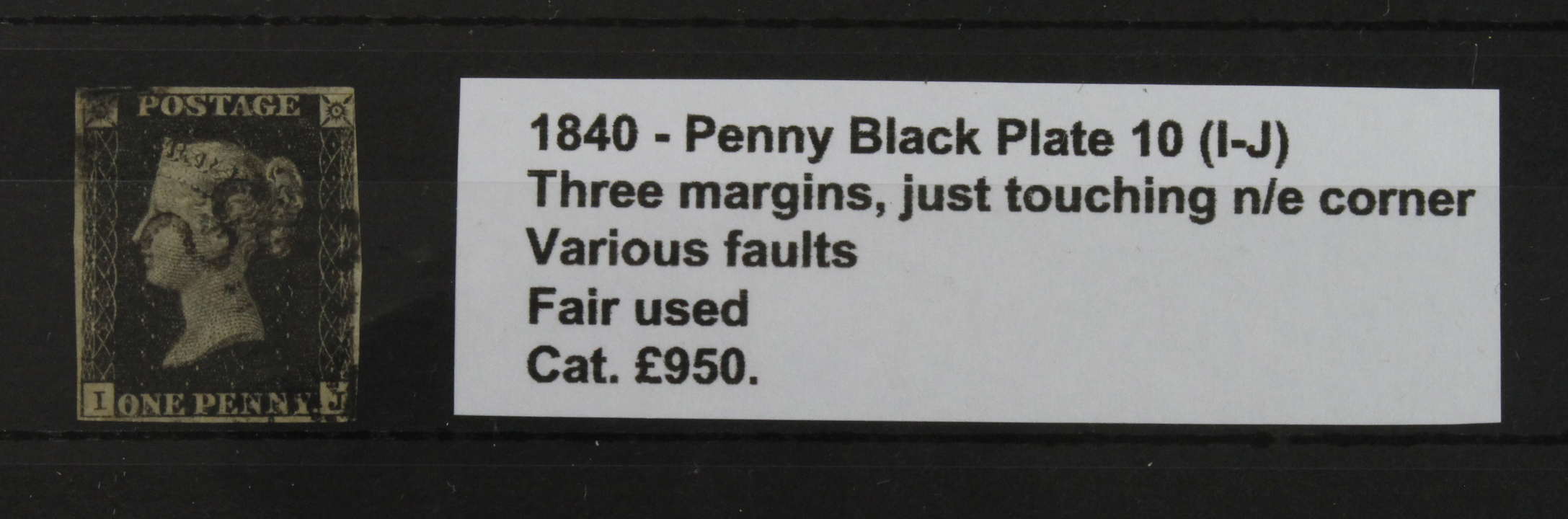 GB - 1840 QV Penny Black Plate 10 (I-J) three margins, just touching n/e corner, various faults,