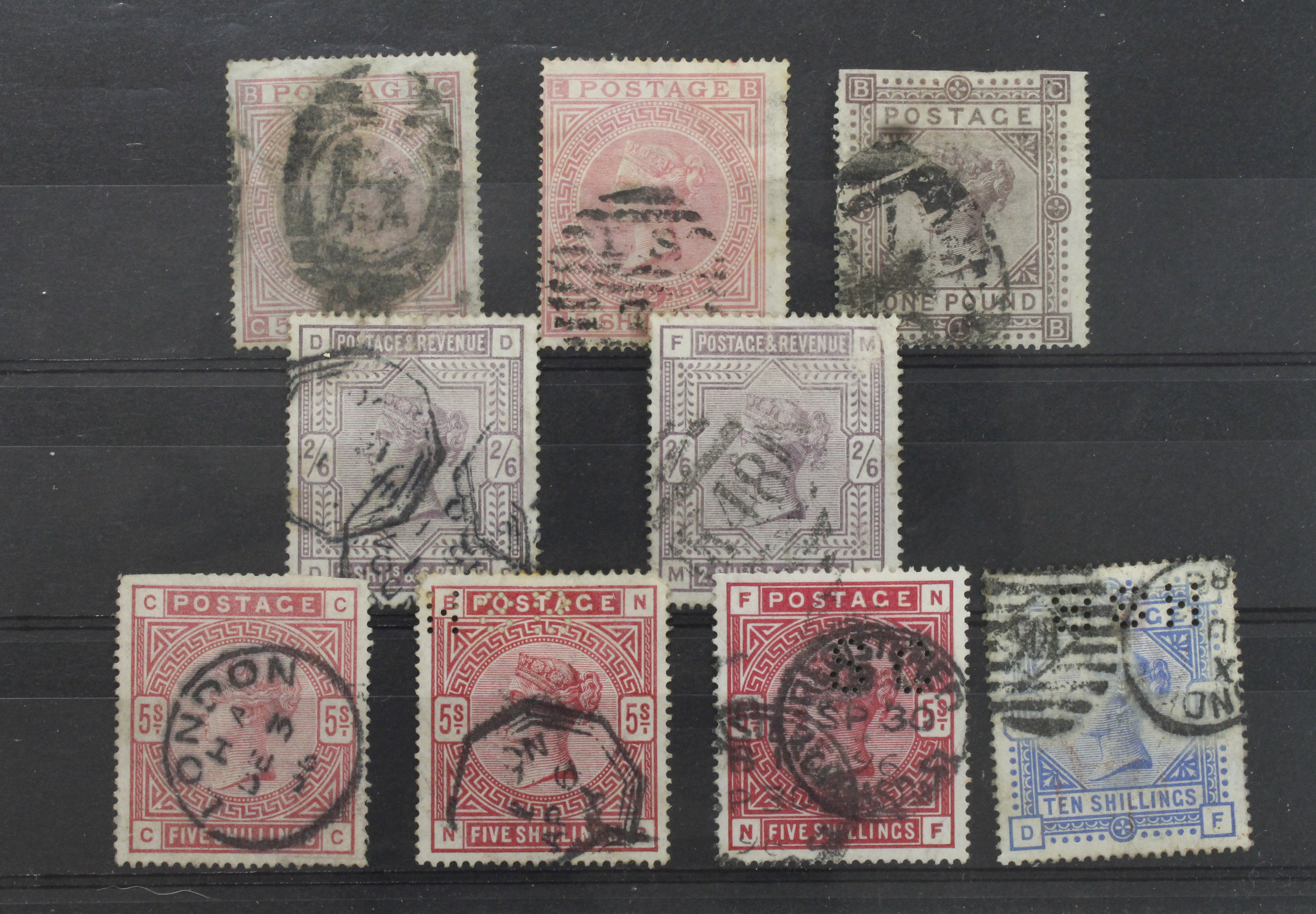 GB - QV High Values with faults or Perfins, 1867-83 5/- x2 and £1 maltese cross wmk, 5/- one with