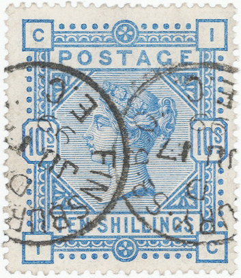 GB - QV 1883/4 10s pale ultramarine, white paper, SG183a. Good colour, two part Finsbury (Circus) EC