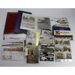 Mixed lot of various postcards loose in binders, a few cigarette cards, and bundle of modern GB