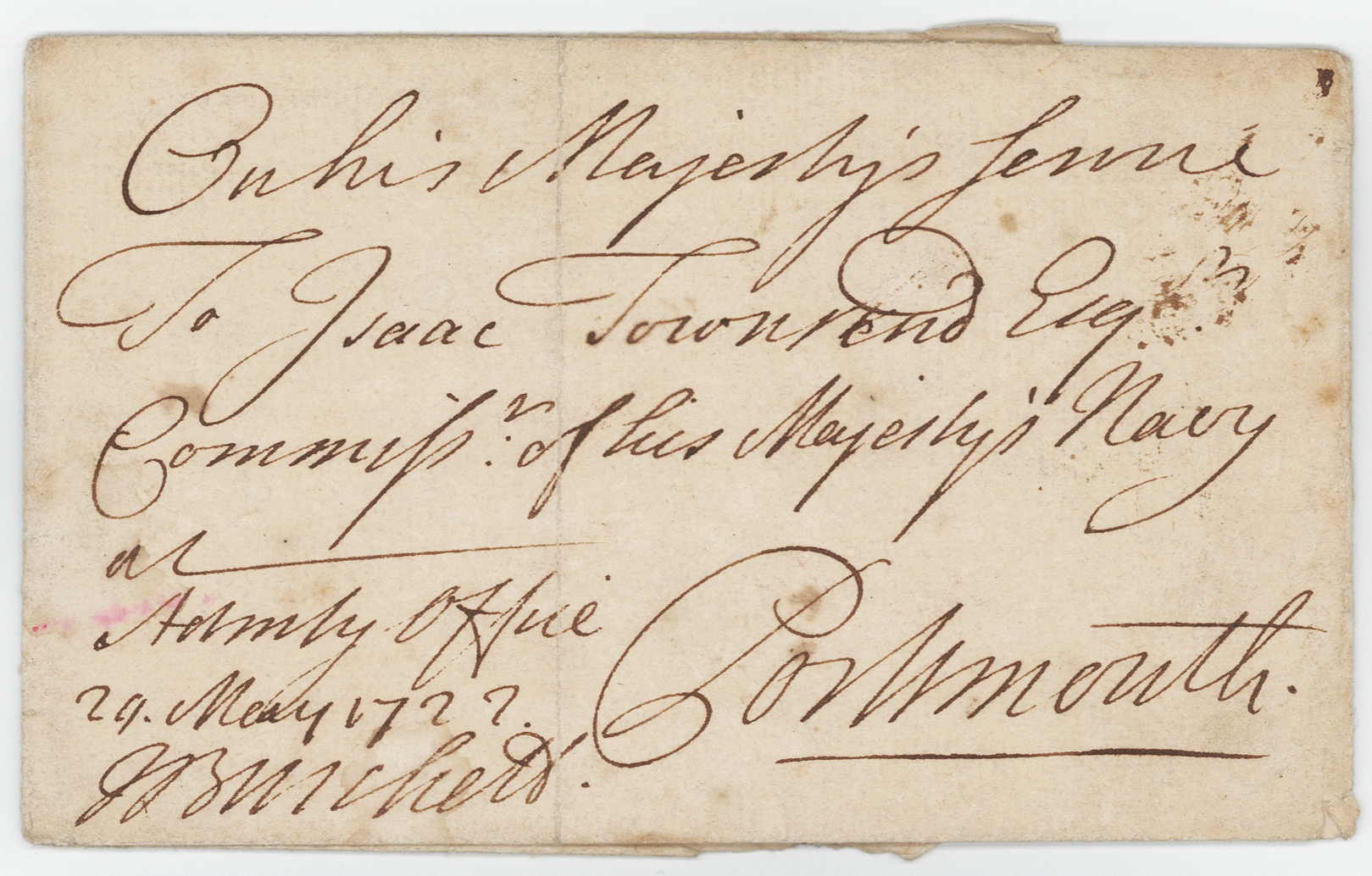 GB - early historical cover sent 29 May 1727 by Josiah Burchett, Admiralty Office (hand signed by