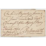 GB - early historical cover sent 29 May 1727 by Josiah Burchett, Admiralty Office (hand signed by