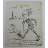 George Cooke pen / ink caricature self portrait of him walking his dog with Blackpool Tower in the