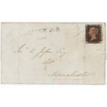 GB - 1840 Penny Black, Plate 2 (B-L) wrapper, four good margins, just tied, York to Manchester JY 20