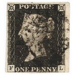 GB - 1840 Penny Black, Plate 2 (F-L), four margins, no thins or creases, fine used, cat £375