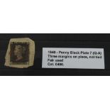 GB - 1840 QV Penny Black Plate 7 (Q-A) three margins on piece, not tied, fair used, cat £400