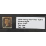 GB - 1840 QV Penny Black Plate 3 (D-C), three margins, minor faults, fair used, cat £500