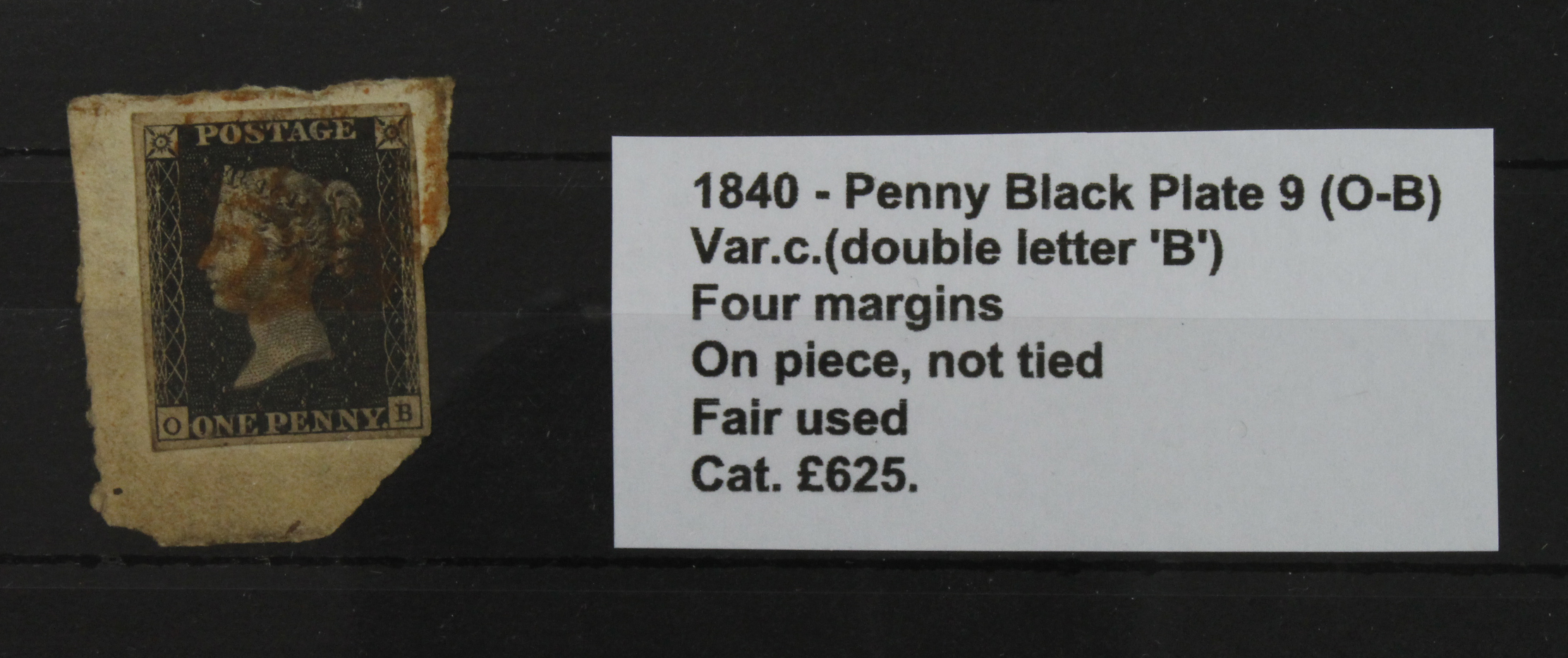 GB - 1840 QV Penny Black Plate 9 (O-B) Var.c.(double letter 'B') four margins, on piece, not tied,