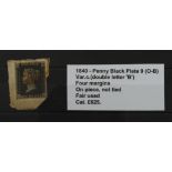 GB - 1840 QV Penny Black Plate 9 (O-B) Var.c.(double letter 'B') four margins, on piece, not tied,