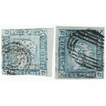 Mauritius 1859 Lapitot 2d blue intermediate impressions, two examples from positions 4 and 9 in