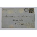 Australia cover - 1862 Melbourne to Shanghai, China. 1s stamp (SG81), Melbourne duplex with