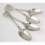 Two pairs of George III silver fiddle pattern table spoons, both pairs with monogram to handles,