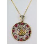 9ct yellow gold large round pendant set with central cluster of multi coloured sapphires, with a