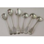 Mixed lot of five silver condiment spoons comprising four Georgian and one Victorian plus a Georgian