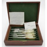 Boxed set of six Georgian silver & Mother of Pearl fruit knives and forks (12 items in all) (one