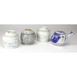 Three blue & white jars, circa 19th Century (possibly earlier), height 90mm approx. (and smaller)