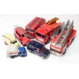 Britains diecast ambulance with Dinky and Superkings Fire Engines and a Corgi Police Austin Mini
