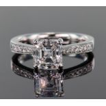 Platinum and diamond ring comprising single Asscher cut diamond weighing 1.7ct in four claw mount,