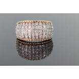 9ct yellow gold wide band ring set with five rows of round brilliant cut diamonds totalling 1.0ct,