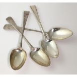 Two pairs of George III silver old English pattern table spoons, both pairs with monogram to