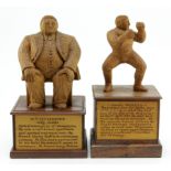 Fighting / Boxing interest. Two hand carved wooden figures, depicting interesting characters in