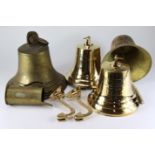 Bells. A heavy brass ships bell, diameter 31cm, height 27cm approx., together with three modern