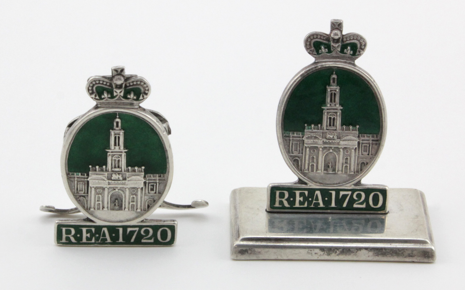 Menu Holders (2) REA (Royal Exchange Assurance) hallmarked HCF Ltd., Birm. 1917 & 1919 (WW1 period).